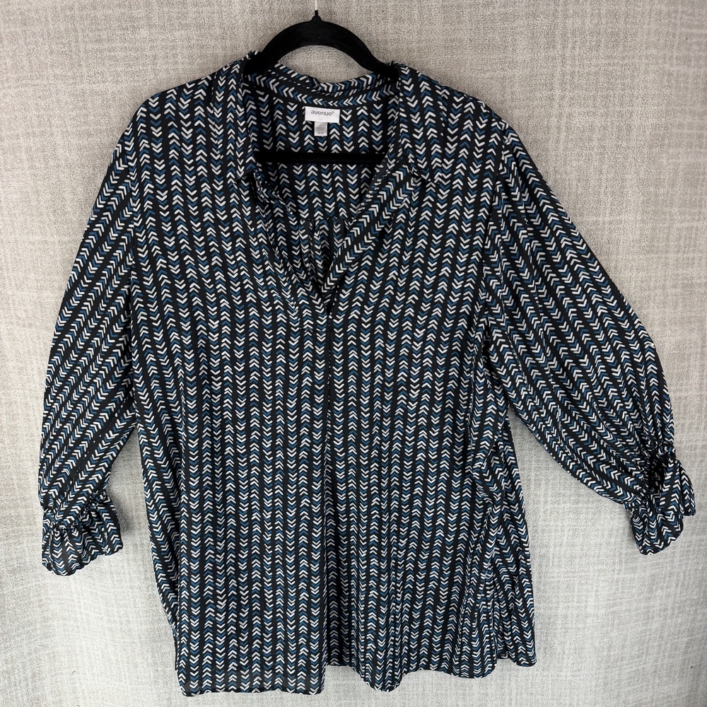 Avenue Blouse Womens 18/20 Black Geometric Tunic Collared 3/4 Sleeve Tie